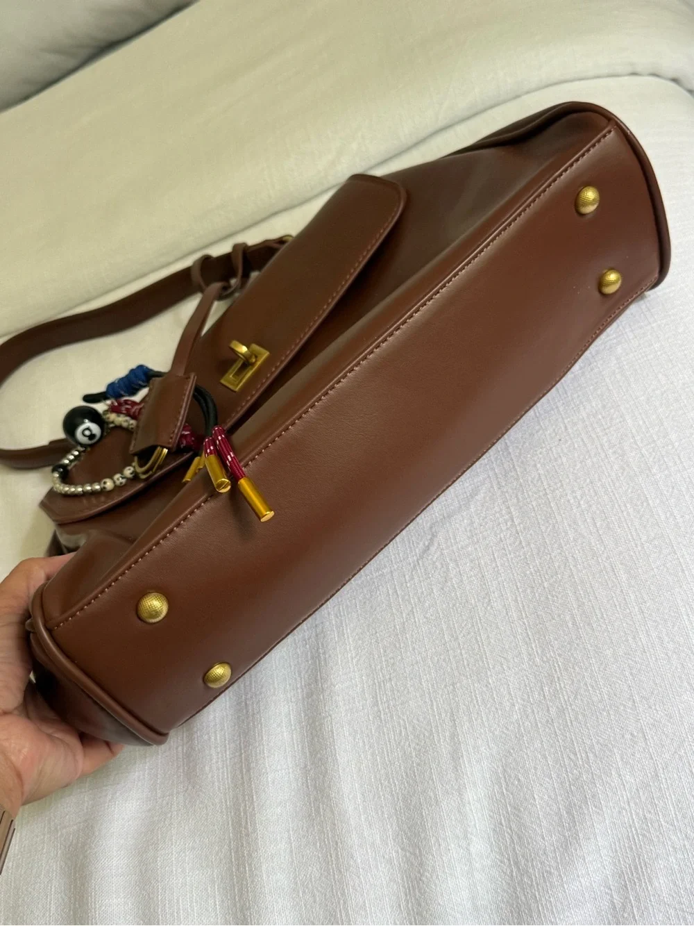 Chocolate Brown Expandable Shoulder Bag w/ Charms & Gold Hardware